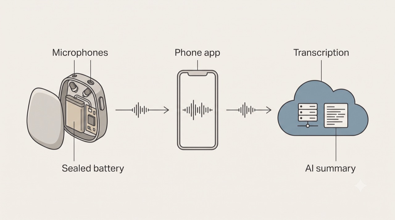 Cutaway illustration of a wearable AI voice recorder showing the microphones and small battery in the device, an arrow to a phone app, and an arrow to a cloud server where transcription and AI summarization happen