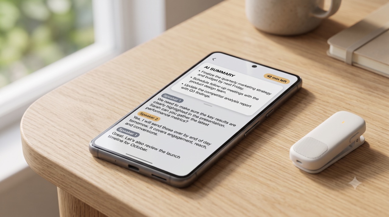 Phone screen showing an AI voice recorder app's transcript with speaker labels and an AI-generated meeting summary, with a small note flagging a monthly transcription-minutes counter running low