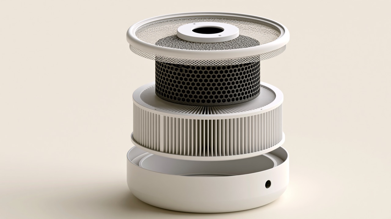Cutaway of an air purifier showing the pre-filter, true HEPA layer, and activated-carbon stage stacked inside the cylinder