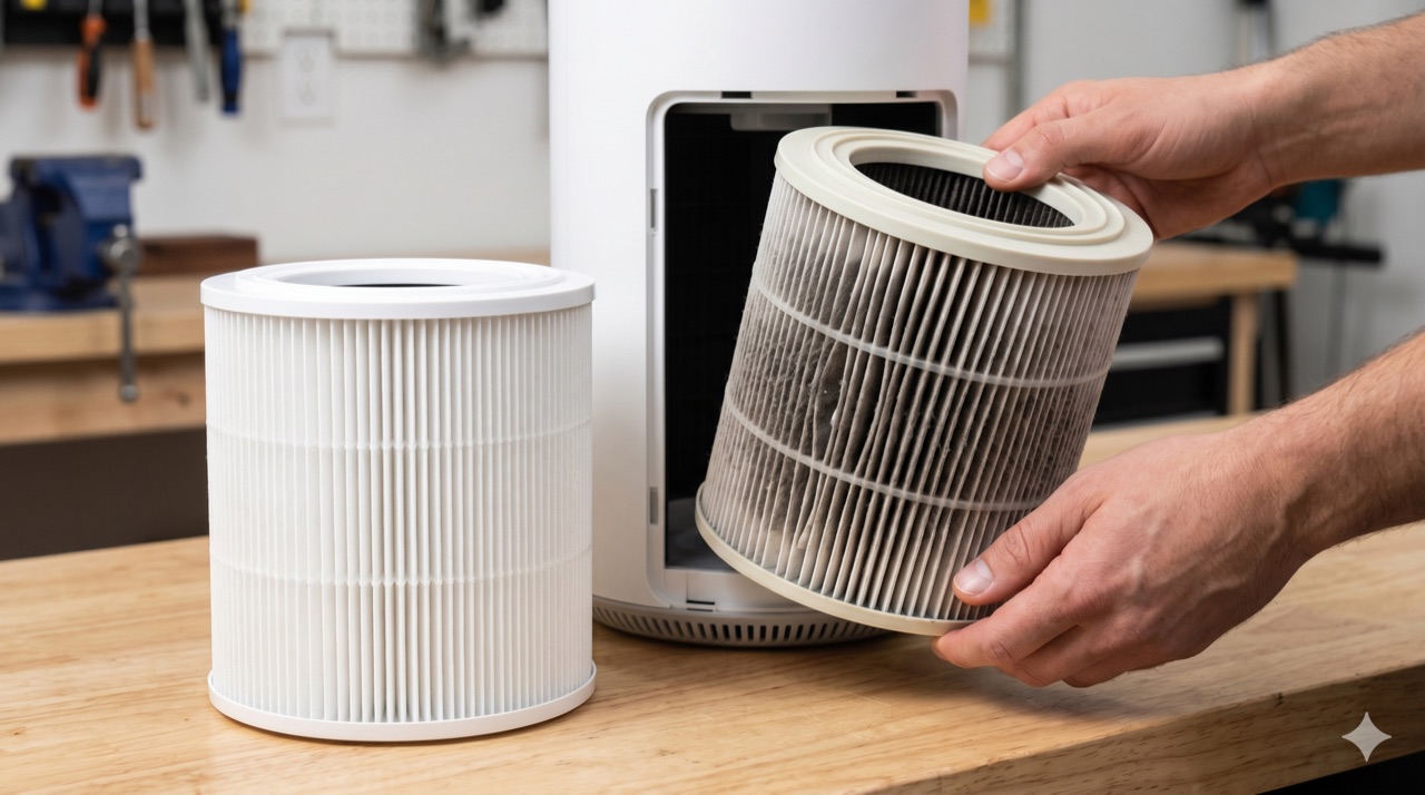 Hands sliding a dirty cylindrical HEPA-carbon filter out of an air purifier next to a clean replacement