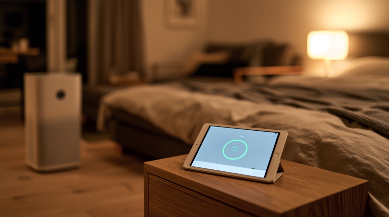 Air purifier running in a moderately sized bedroom with a tablet showing improving air-quality numbers