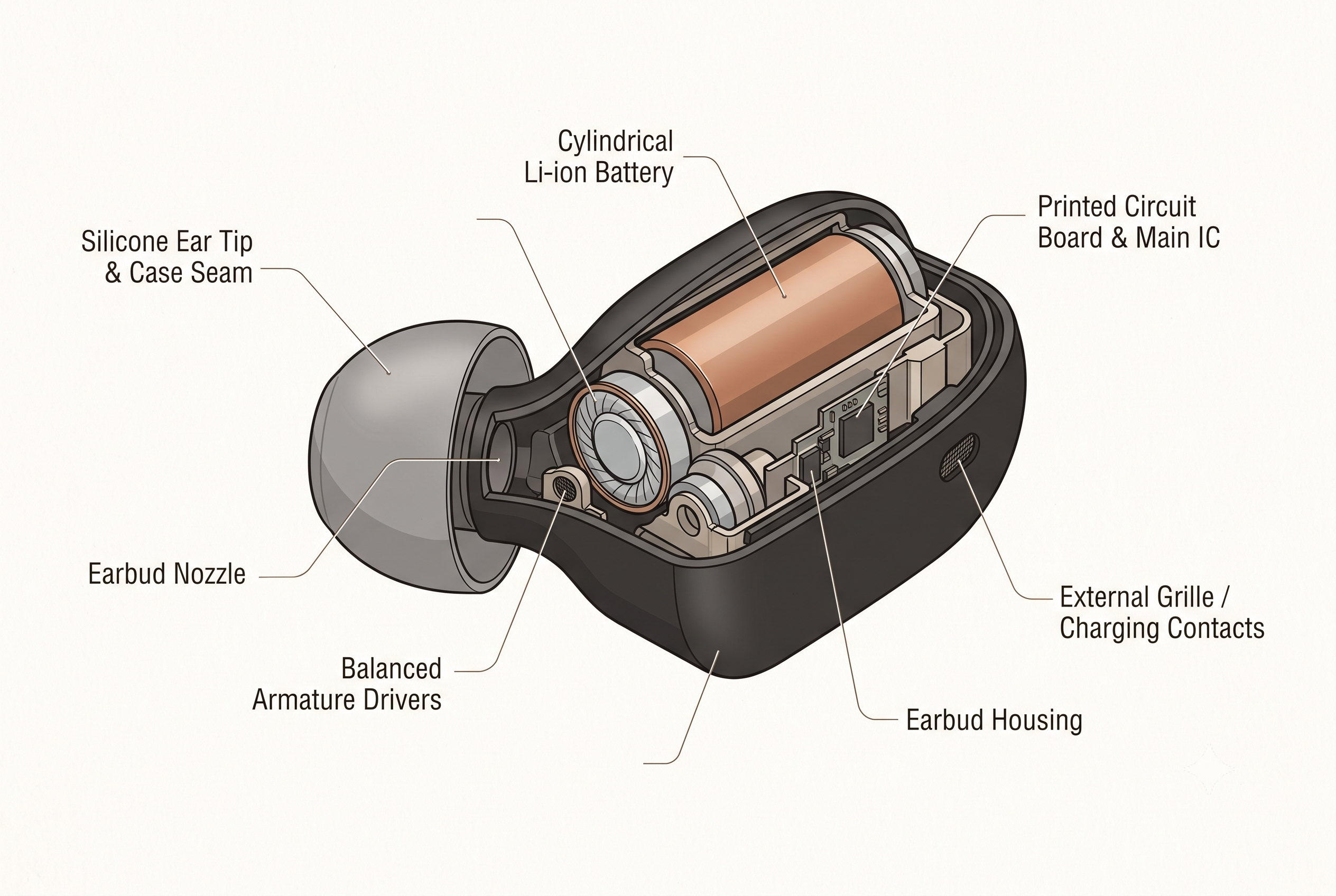 Cutaway illustration of a wireless earbud showing the driver, feed-forward and feed-back ANC microphones, and the tiny sealed battery inside the housing