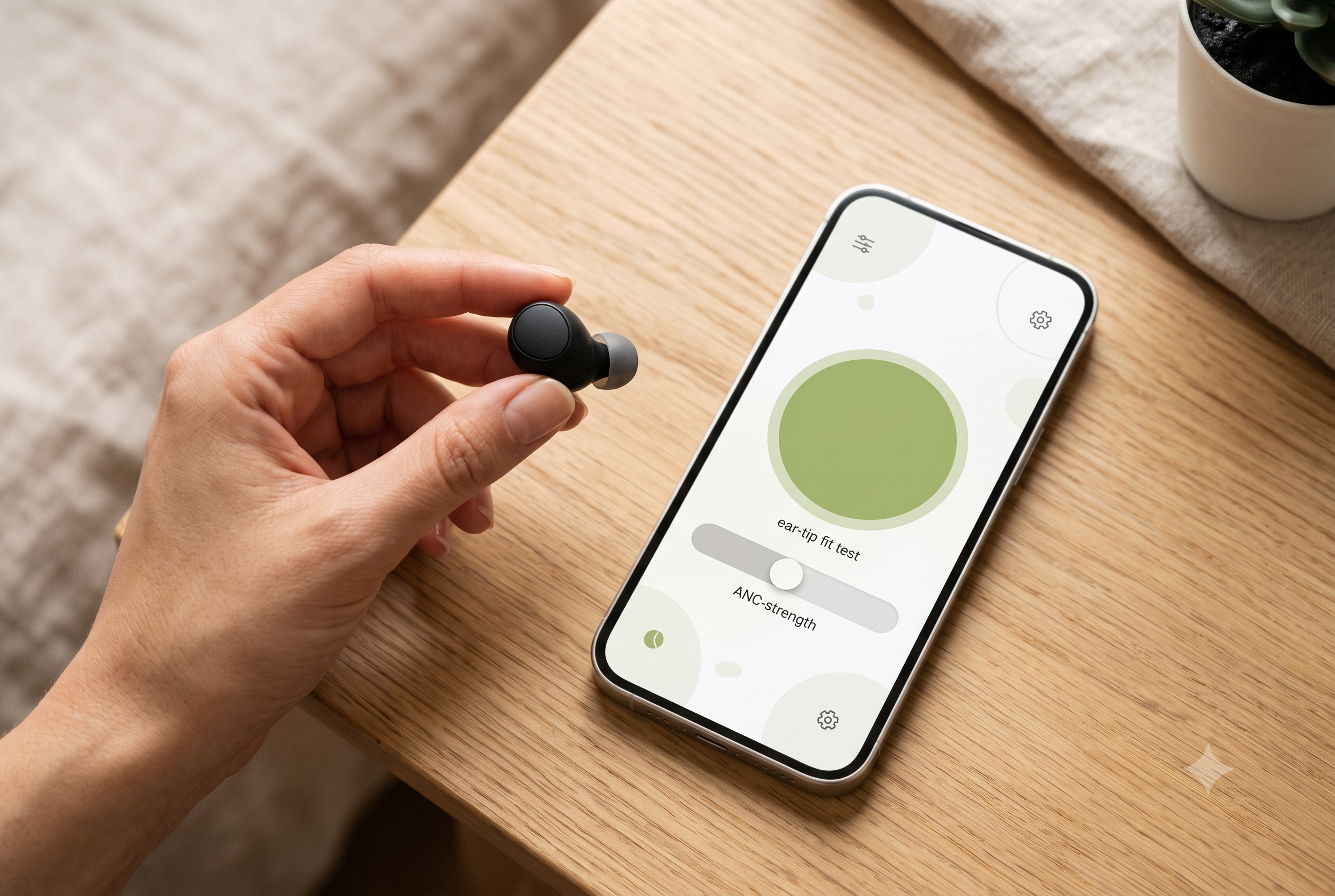 Phone screen showing an earbud companion app with an ANC strength slider and ear-tip fit test next to a hand holding a single bud