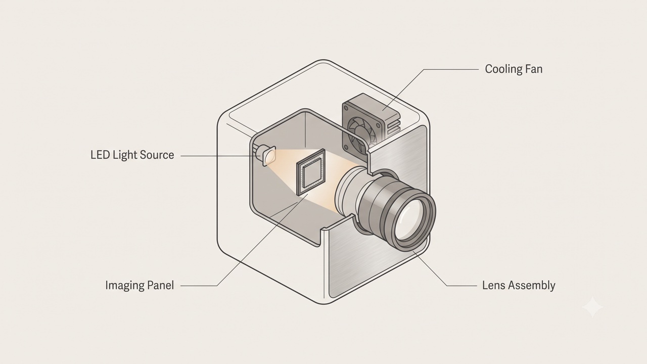 Cutaway illustration of a mini projector showing the LED light source, the imaging panel, the lens assembly, and the cooling fan inside the compact housing