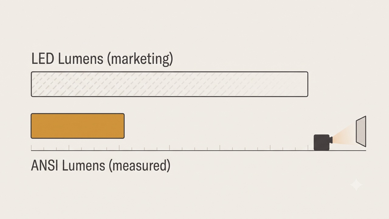 Diagram comparing an inflated 'LED lumens' marketing number against the smaller real ANSI lumens figure for the same projector, with a brightness scale