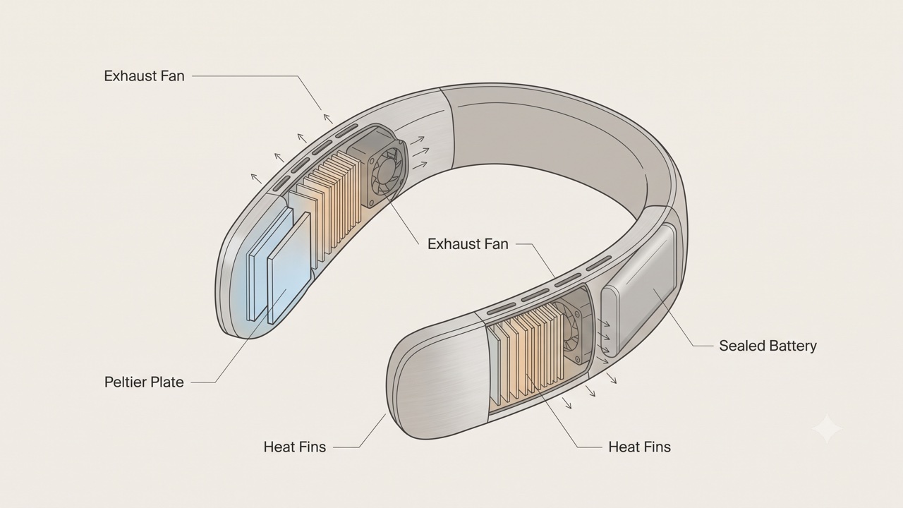 Cutaway illustration of a wearable neck cooler showing the thermoelectric Peltier plates against the neck, the heat-venting fins, the fans, and the sealed battery in the arms
