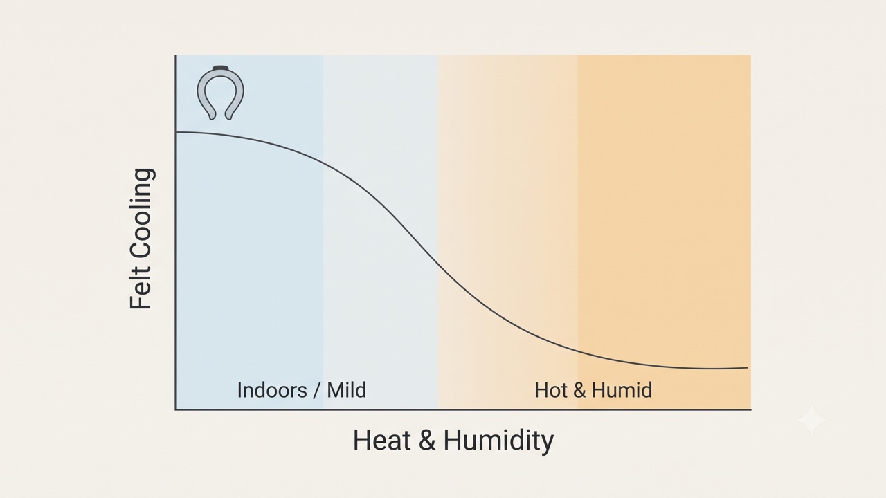 Diagram showing how a neck cooler's felt cooling effect shrinks as ambient temperature and humidity rise, with a comfortable indoor zone and a struggling outdoor heat zone
