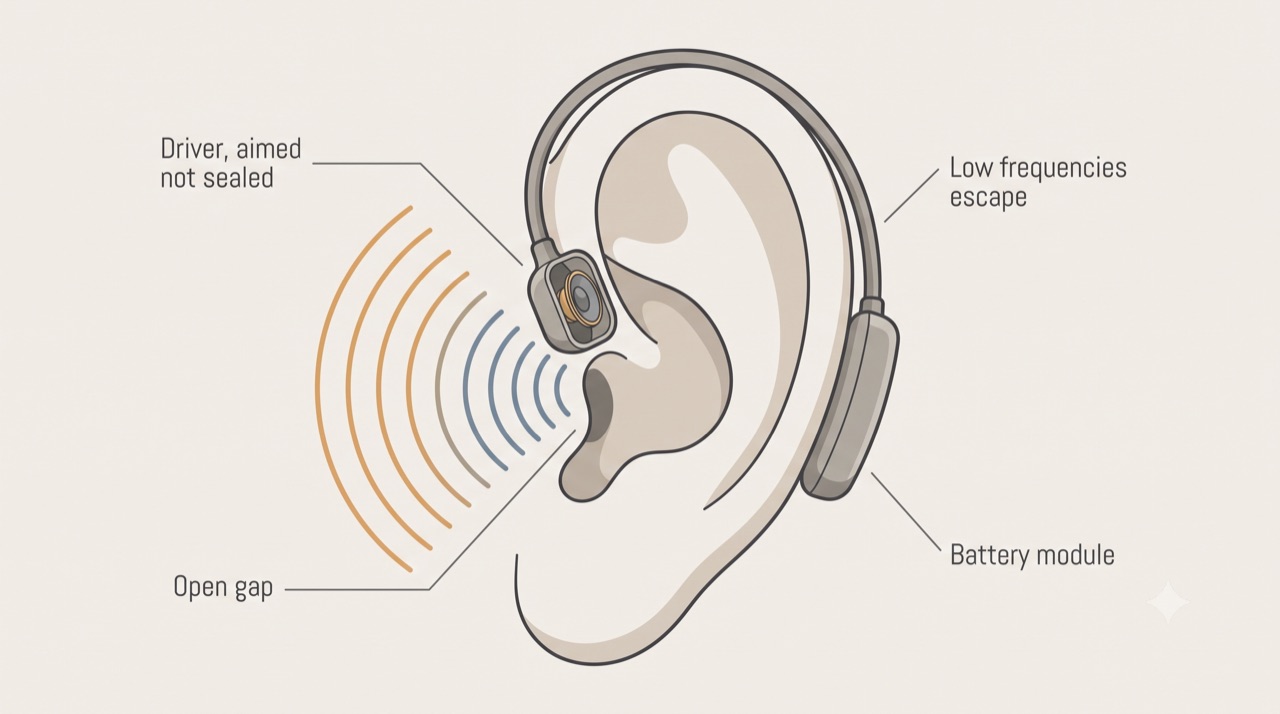 Cutaway illustration of an open-ear earbud hooked over the outer ear showing the driver aimed toward the ear canal without sealing it, the gap where sound and low frequencies escape, and the battery in the module resting behind the ear