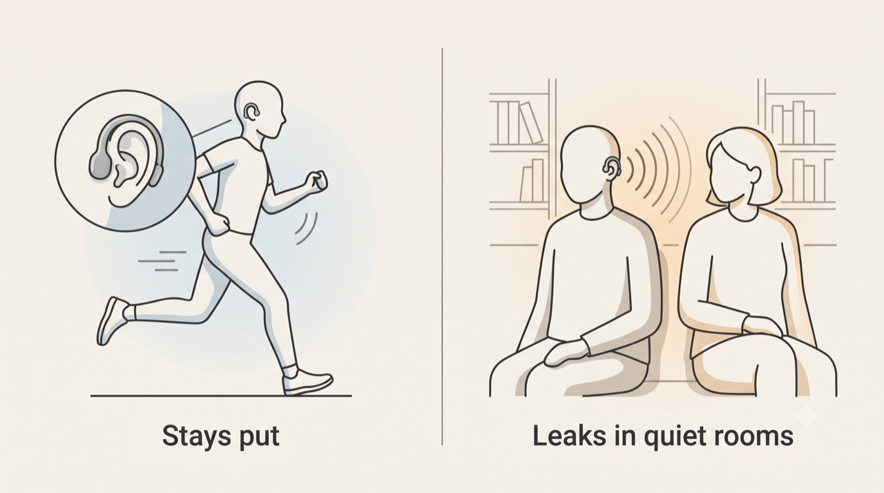 Diagram showing an open-ear earbud held securely on the ear during a run on one side, and on the other side sound leaking outward in a quiet room with a person nearby able to hear it