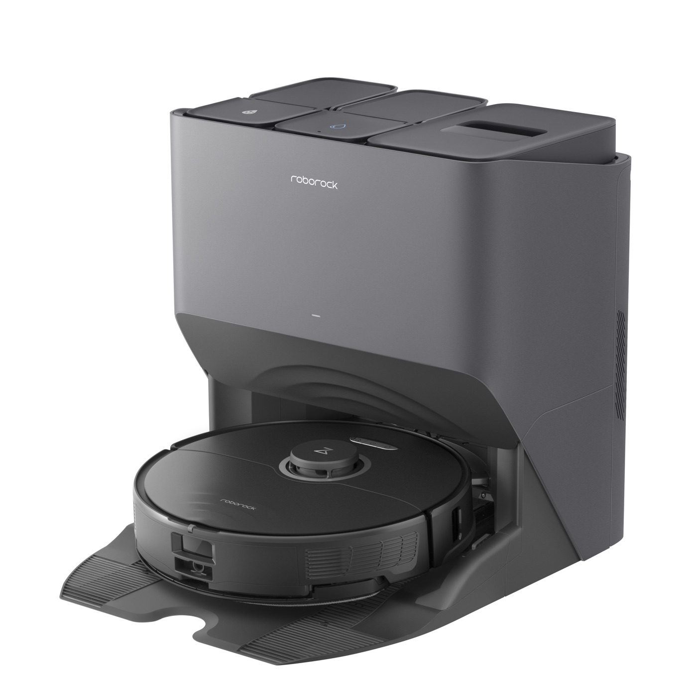 Black Roborock ultra dock with the robot vacuum slotted into its tray