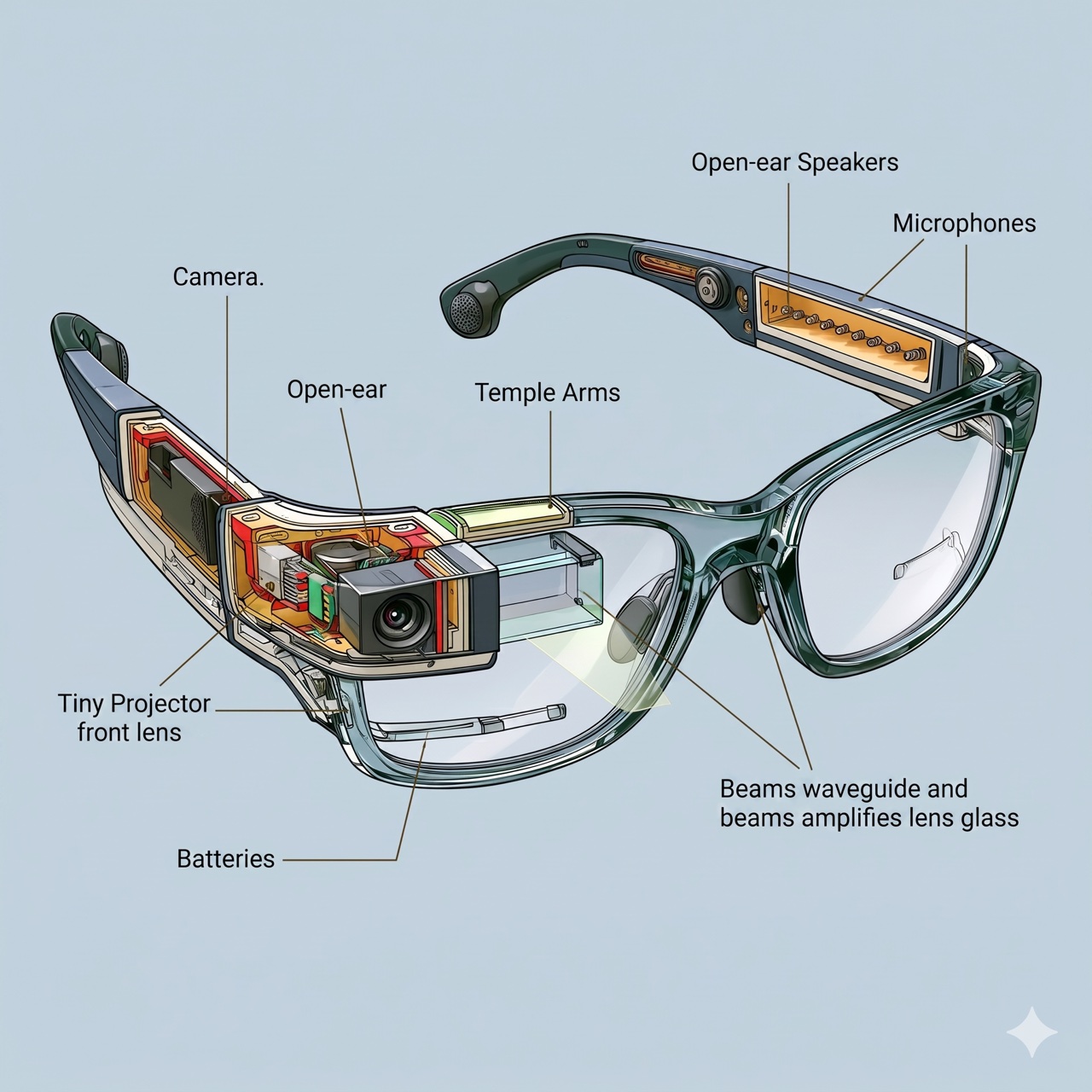 Cutaway illustration of a smart-glasses frame showing the camera, open-ear speakers, microphones, battery in the temple arm, and an optional waveguide display in the lens