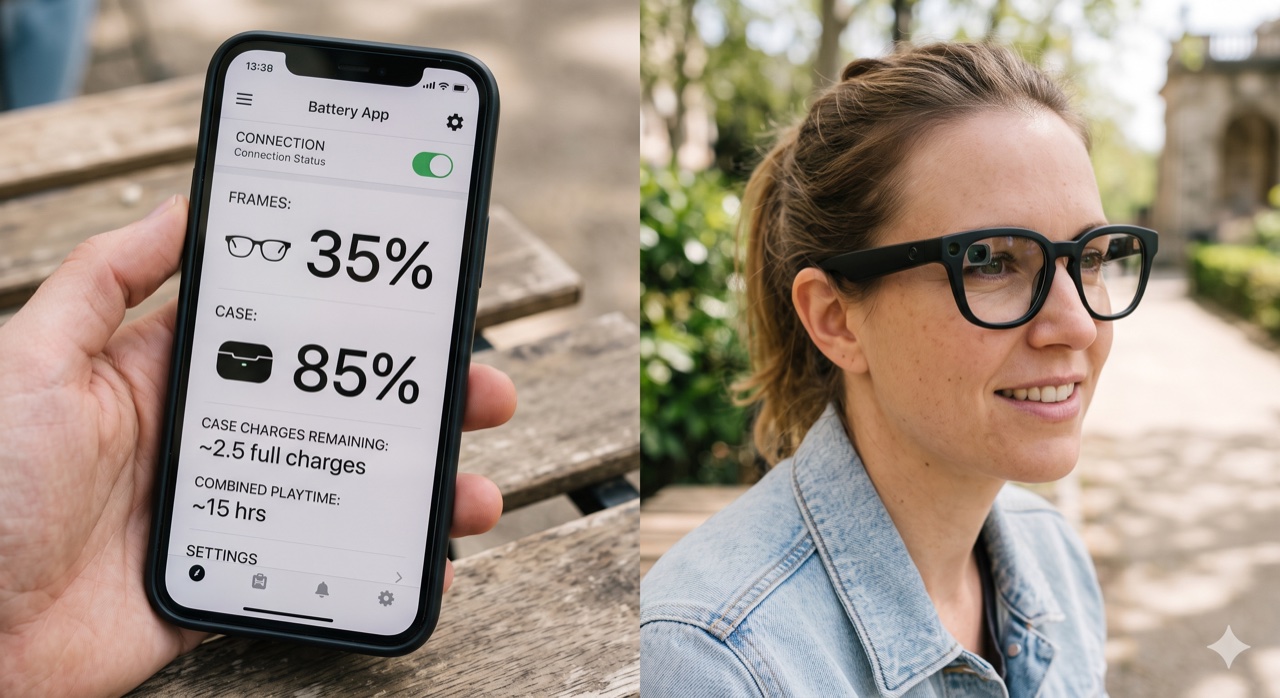 Phone screen showing a smart-glasses companion app with battery levels for the frames and case next to a person wearing the glasses outdoors