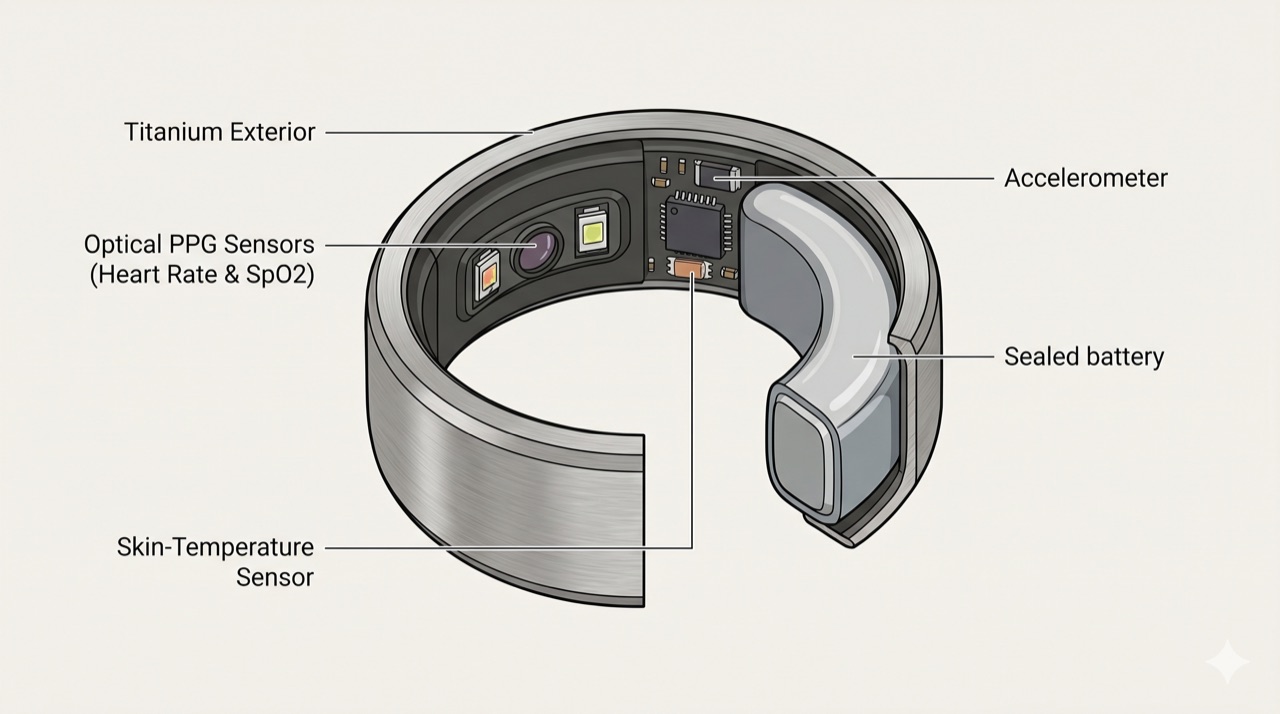 Cutaway illustration of a smart ring showing the optical heart-rate sensors, temperature sensor, and curved battery inside the titanium band