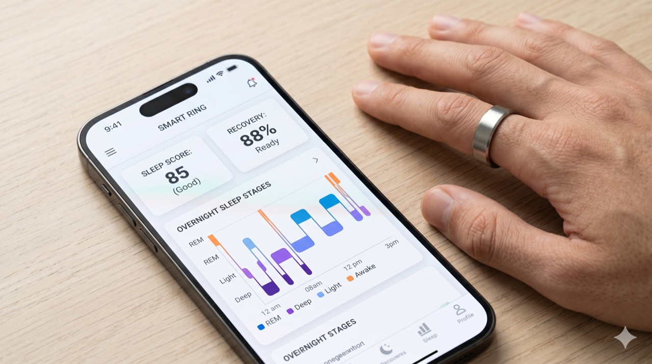 Phone screen showing a smart ring app's overnight sleep stages and recovery score next to a hand wearing the ring