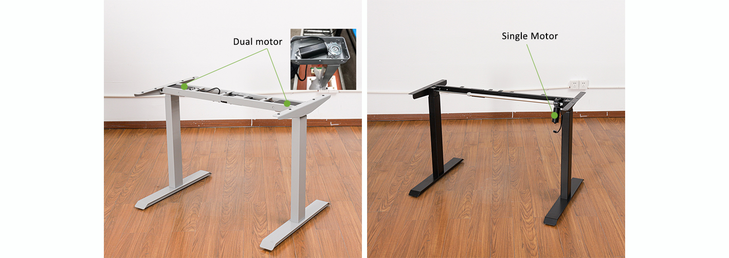 Side-by-side comparison of a dual-motor standing desk frame and a single-motor frame, with the motors labeled